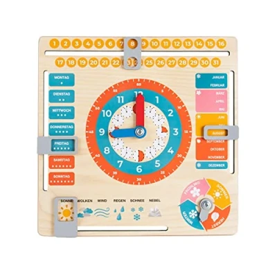 Afbeelding van Fancy houten kalenderhorloge voor kinderen, leerhorloge jaarhorloge het leren van de tijd, datum, weekdagen, maanden, seizoenen en weer, speelgoed, educatief bord vanaf 3 jaar Duits