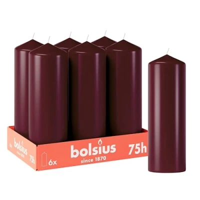 Afbeelding van Bolsius Gladde stompkaarsen, bordeauxrood, 6 stuks, 20 x 7 cm, decoratieve kaarsen voor huishoudelijk gebruik, brandduur 75 uur, ongeparfumeerd, bevat natuurlijke plantenwas, zonder palmolie