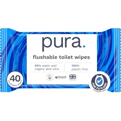 Afbeelding van Pura doorspoelbare vochtige toiletpapierdoekjes, 1 pak van 40 doekjes, 100% plasticvrij, 99% waterzuivere washlets, gecertificeerd &#039;Fine to Flush&#039; biologisch afbreekbaar, composteerbaar, veganistisch