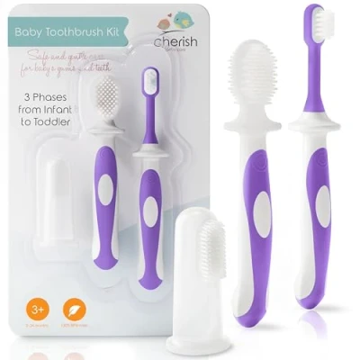 Afbeelding van Cherish baby Care Babytandenborstel 0 2 jaar Veiligheid getest en BPA vrij 3 pack (vingertandenborstel baby, siliconen tandenborstel peutertandenborstel) Baby&#039;s eerste tandenborstelset