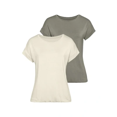 Afbeelding van Lascana 2PACK Tshirt basic, Dames, Maat: 44/46, Beige, khaki
