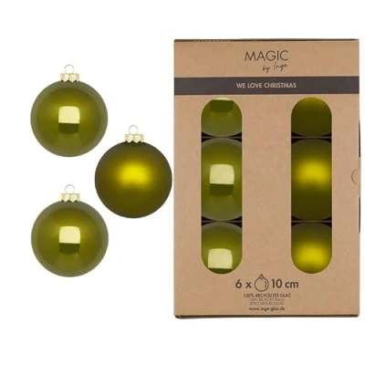 Afbeelding van kerstballen, glas, 10 cm, 6 stuks, mat en glanzend, grote kerstboomversiering kerstboomversiering, olijfgroen, groen olijven