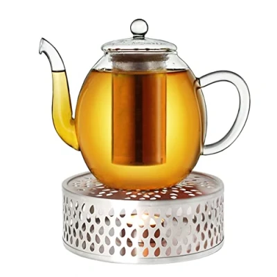 Afbeelding van Creano theepot van glas 1,5 l + een stoofje roestvrij staal, 3 delige glazen met geïntegreerde roestvrijstalen zeef en deksel, ideaal voor het bereiden losse thee, druppelvrij