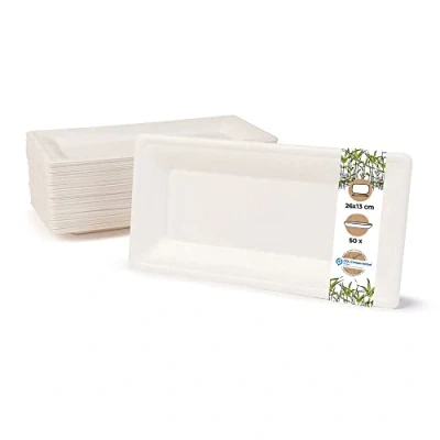 Afbeelding van GREENBOX Wegwerpservies, suikerriet, wegwerpborden, composteerbaar, 50 stuks partyborden, rechthoekig, 26 x 13 cm, wit, biologisch afbreekbare borden van suikerriet voor voorgerechten, hapjes,