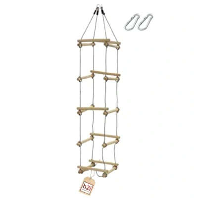 Afbeelding van h2i Gebreide ladder voor kinderen, klimladder met 5 houten spijlen, 4 zijdige hangladder van hout, touwladder inclusief karabijnhaak, outdoor klimspeelgoed