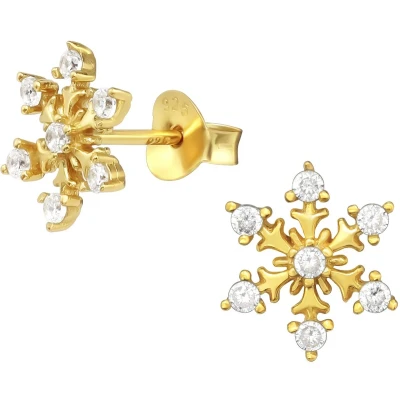 Afbeelding van JoyS Zilveren sneeuwvlokje oorbellen 10 mm zirkonia oorknoppen 14k goudplating
