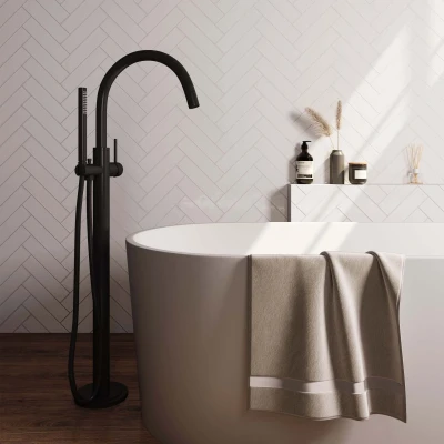 Afbeelding van Brauer Black carving Staande Badkraan handdouche staaf 1 stand 2 knoppen PVD mat zwart