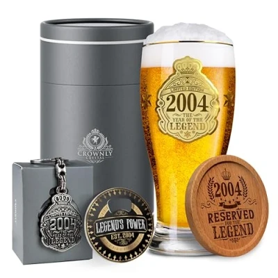 Afbeelding van CROWNLY CRYSTAL® 2004 21e Verjaardagscadeaus voor Mannen Gepersonaliseerd Bierglas 570 ml Verjaardagsdecoraties Cadeaus Vrienden Ideeën Geschenken Broer Verjaardagsglas
