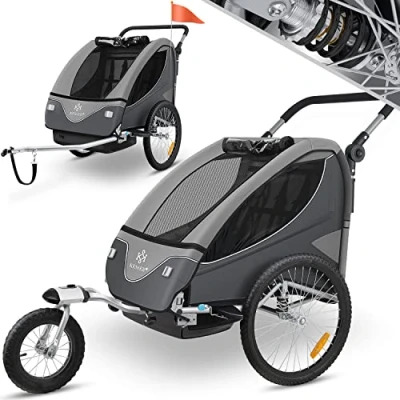 Afbeelding van KESSER® Cruiser Kinderfietskar 360 draaibaar met vering 2in1 Jogger functie + 5 puntsgordel Fietskar voor 1 tot 2 kinderen max. 40kg Lichtgrijs