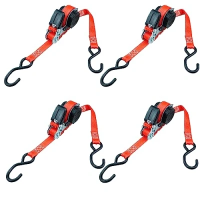 Afbeelding van PETEX 4 x automatische ratelspanband, zelfoprollend, 1 delig, 5 m 25 mm, 350/700 daN, tot 700 kg, rood, S haak