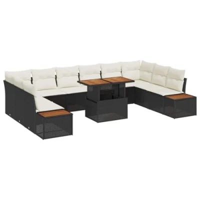 Afbeelding van vidaXL 11 delige tuinset met kussens in zwart poly rattan