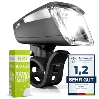 Afbeelding van VELMIA Fietslamp vooraan StVZO goedgekeurd met bijzonder sterke verlichting en 8,5 uur lichtduur, led fietslicht regenbestendig oplaadbaar, zwart