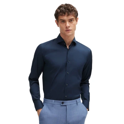 Afbeelding van BOSS Hank Navy Overhemd maat 42 Heren Overhemden Formeel Effen met Slim fit Pasvorm Polyester