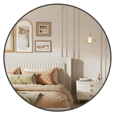 Afbeelding van SONGMICS Wandspiegel, spiegel rond, Ø 76 cm badkamerspiegel, metalen frame, eenvoudige montage, modern, voor badkamer, woonkamer, slaapkamer, hal, entree, inktzwart LWM103B01