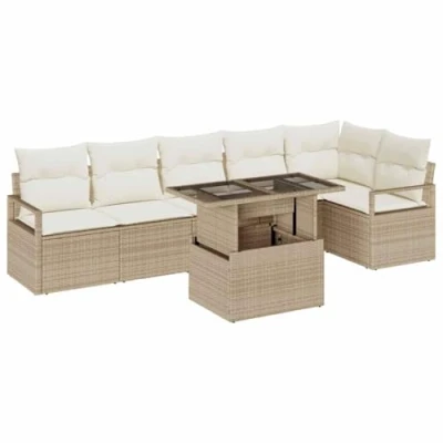 Afbeelding van vidaXL 7 Delige Tuin Sofa Set met Kussens Beige Poly Rattan, 2 Zits Tuinsofa Rattan