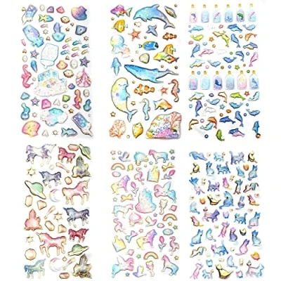 Afbeelding van SAVITA 3D Stickers voor Kinderen, 300+ Gezwollen Stickers, 6 Verschillende Vellen, Epoxystickers Scrapbooking, inclusief Katten, Dolfijnen, Eenhoorn