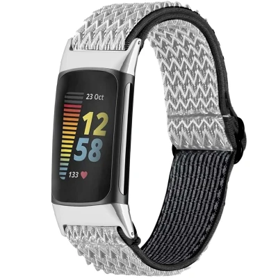 Afbeelding van Elastisch nylon bandje voor de Fitbit Charge 5 / 6 Wit iMoshion Textiel