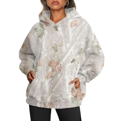 Afbeelding van JosuE Dames Camo Hoodie Esdoornblad Print Oversized Sweatshirt, Fleece Hooded Sweatshirts Casual Losse Herfst Trui, B, L