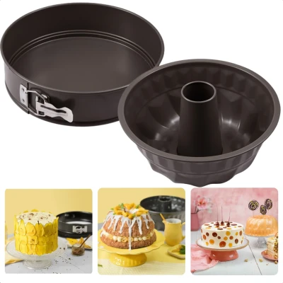 Afbeelding van Cheqo® Bakvormen Set 2 Stuks Koolstofstaal Non stick Krasvast Chocolade/Taupe Tulbandvorm (ø22x11cm) Springvorm (ø26x6,8cm) Taartvorm Cakevorm