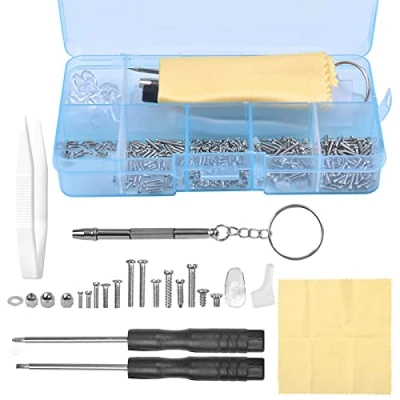 Afbeelding van 500 stuks brillenglazen zonnebril bril reparatie tool kit set, met mini schroevendraaier, schroeven moer, 10 paar neusbeschermers, brillendoek, oorhaken, pincet voor horloge