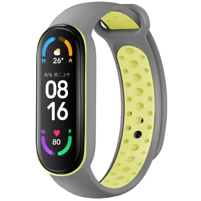 Afbeelding van Siliconen sport bandje voor de Xiaomi Mi Band 5 / 6 Grijs Lime iMoshion En TPU (zacht)