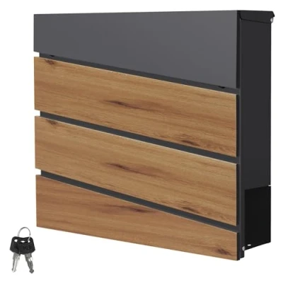 Afbeelding van ML Design brievenbus 37x36.5x11 cm antraciet/houtlook van staal, met krantenvak, afsluitbaar 2 sleutels