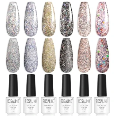 Afbeelding van ROSALIND UV Nagellak Set, 6 kleuren Gel Zilver Geel Zwart Roze Glitter Gellak voor Nagelstudio DIY Home