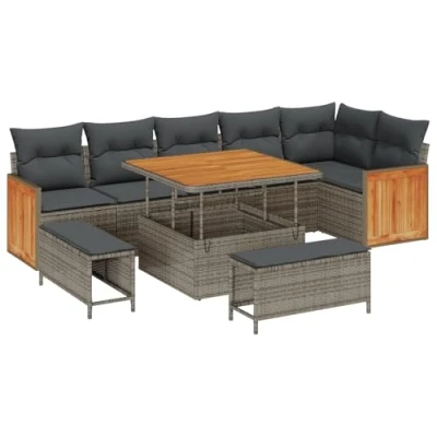 Afbeelding van vidaXL 9 delige Tuin Sofa Set met Kussens Grijs Poly Rattan Acacia, 2 Persoons Rattan, 3 Eet Acacia