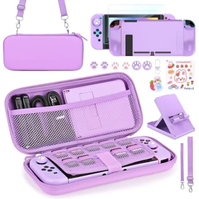 Afbeelding van Younik Schakelaar Accessoires Bundel, 15 in 1 Kit voor Meisjes Inclusief Draagtas met 9 Game Kaartsleuven, Verstelbare Stand, Beschermhoes Schakelconsole &amp; J Con(Paars)