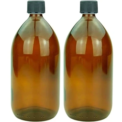 Afbeelding van mikken 2 bruine glazen flessen 1000 ml met schroefdop