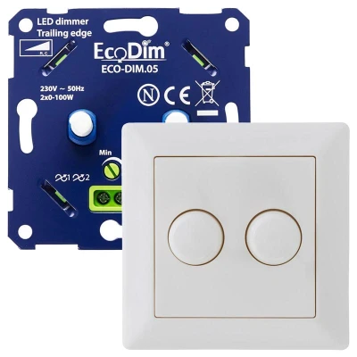 Afbeelding van JUNG duo led dimmer, ECO DIM.05, druk/draai, kleine inbouwdiepte, 2x 100W LED, inclusief wit afdekmateriaal passend in AS500 serie