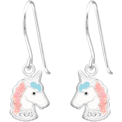 Afbeelding van JoyS Zilveren eenhoorn oorbellen unicorn oorhangers pastel kristal wit
