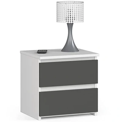 Afbeelding van AKORD commode met 2 laden, 40 x 35 cm (l h d), kleine opbergkast, voor woonkamer, slaapkamer, kinderen, volwassenen, het nachtkastje, wit grijs grafiet
