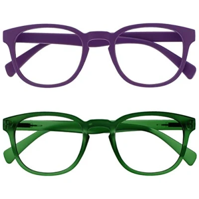 Afbeelding van Opulize Pop 2 Stuks Retro Ronde Glad Mat Paars Groen Mannen Vrouwen Leesbril Scharnieren Met Veer RR2 56 +2,50