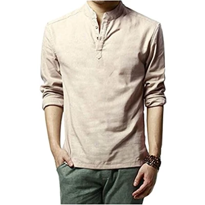 Afbeelding van Hoerev Merk Mannen Casual Lange Mouw Linnen Shirts Strand Henley Top Shirts, Beige, M