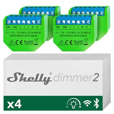 Afbeelding van Shelly Dimmer 2 Slimme WLAN dimmer, compatibel met Alexa,Google Home, geen hub nodig, verbruiksmeting, installatie achter stopcontact/schakelaar, ondersteunt halogeen en gloeilampen tot 220W (Stuk 4)