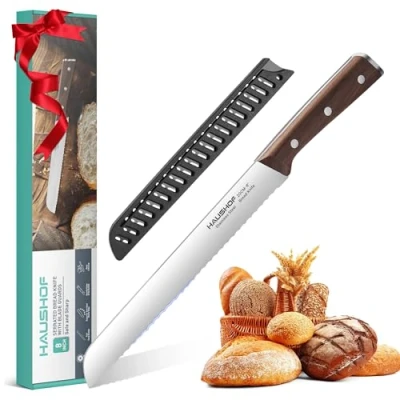 Afbeelding van HAUSHOF Broodmes met Kartelrand, Keukenmes Houten Handvat van Hoogwaardig Roestvrij Staal, Ultrascherp 20 cm Lemmet &amp; Ergonomisch Full Tang Handvat, Ideaal voor Brood, Bagels, Taarten