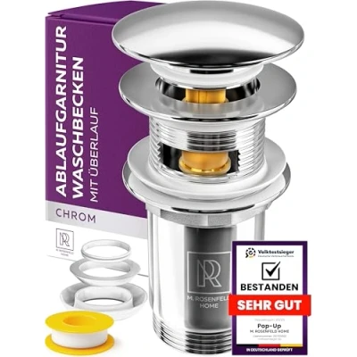 Afbeelding van Wastafelafvoergarnituur met overloop voor wastafel, roestvrij staal, pop up ventiel, chroom, afvoer, wastafel 4 reserveafdichtingen van messing M. ROSENFELD HOME