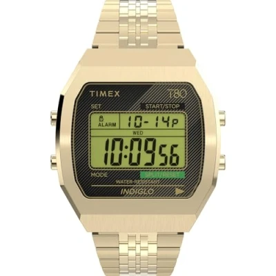 Afbeelding van Timex T80 36 mm horloge, uniseks goudkleurige roestvrijstalen band met digitale wijzerplaat, kast, TW2V74300
