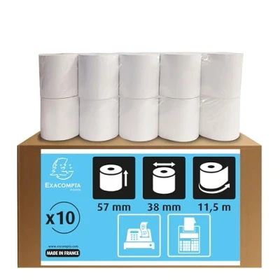 Afbeelding van Exacompta Ref. 5740120V Set van 10 rollen voor kassa&#039;s en rekenmachines breedte 57 mm x diameter 38 12 kern 1 laag offset extra wit 60g/m² Lengte (+ of 2m) : 11,5 m