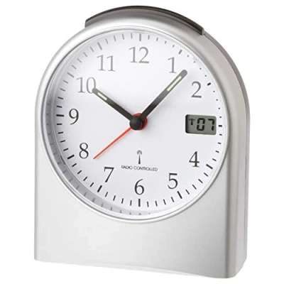 Afbeelding van TFA Dostmann analoge wekker, 98.1040.54, zendergstuurde tijdt met hoge precisie, digitale secondenweergave, wekalarm snooze functie, achtergrondverlichting, zilver, (L) 96 x (B) 55 (H)116 mm