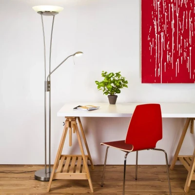 Afbeelding van Brilliant Leuchten Staande ledlamp met uplight Finn Leesarm, H 179 cm, dimbaar, 2500 lm, warmwit, metaal/glas, ijzer/wit