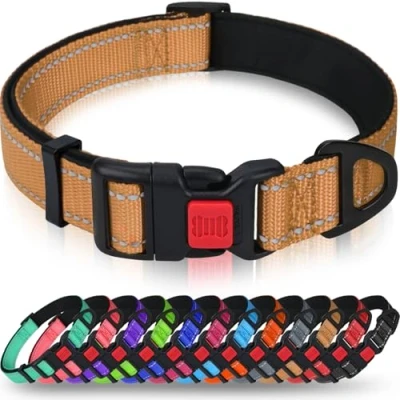 Afbeelding van Taglory Reflecterende nylon hondenhalsband met veiligheidsgesp, verstelbare halsband, zachte neopreen voering, voor middelgrote honden, bruin