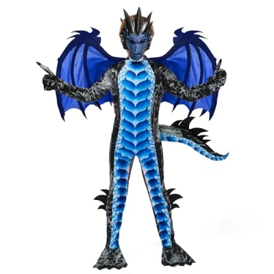Afbeelding van Spooktacular Creations Drakenkostuum voor kinderen, zwart en blauw, drakenvleugels masker, Halloweenpak, drakenpak jongens, Halloween feesten, cosplay M