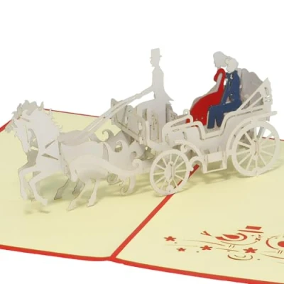 Afbeelding van LINPOPUP®, LIN17068, pop up kaart trouwkaart 3D bruiloft uitnodiging wenskaart bruidspaar trouwkoets, N84