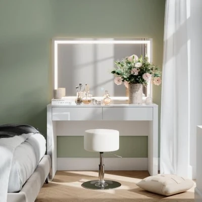 Afbeelding van Vicco AnnabelleKaptafel 110 cm met LED spiegel en kruk Wit hoogglans/wit