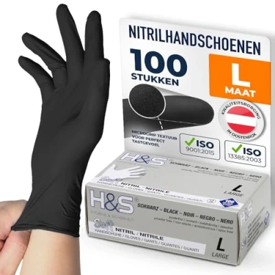 Afbeelding van wegwerphandschoenen, zwart, wit, blauw, 100 stuks L (9) zwart