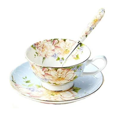 Afbeelding van SudaTek Vintage Fine Bone China theekop, lepel en schotelset met gouden rand, fijne eet tafeldecoratie (blauwe roos)
