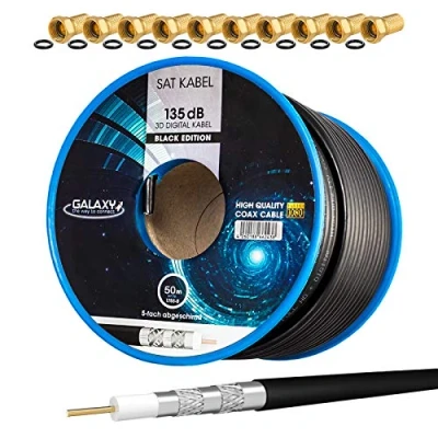 Afbeelding van HB Digital Set: 50m Coaxiale SAT Kabel 135db Zwart + 10x F Plug verguld CCS (Staal Koper) Satelliet Antennekabel 5 voudig afgeschermd voor DVB S/S2 C/C2 T/T2 DAB+ Radio BK Systemen