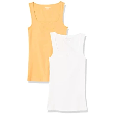 Afbeelding van Amazon Essentials Tanktop voor dames, slimfit, vierkante hals, 2 stuks, wit/meloenoranje, XXL